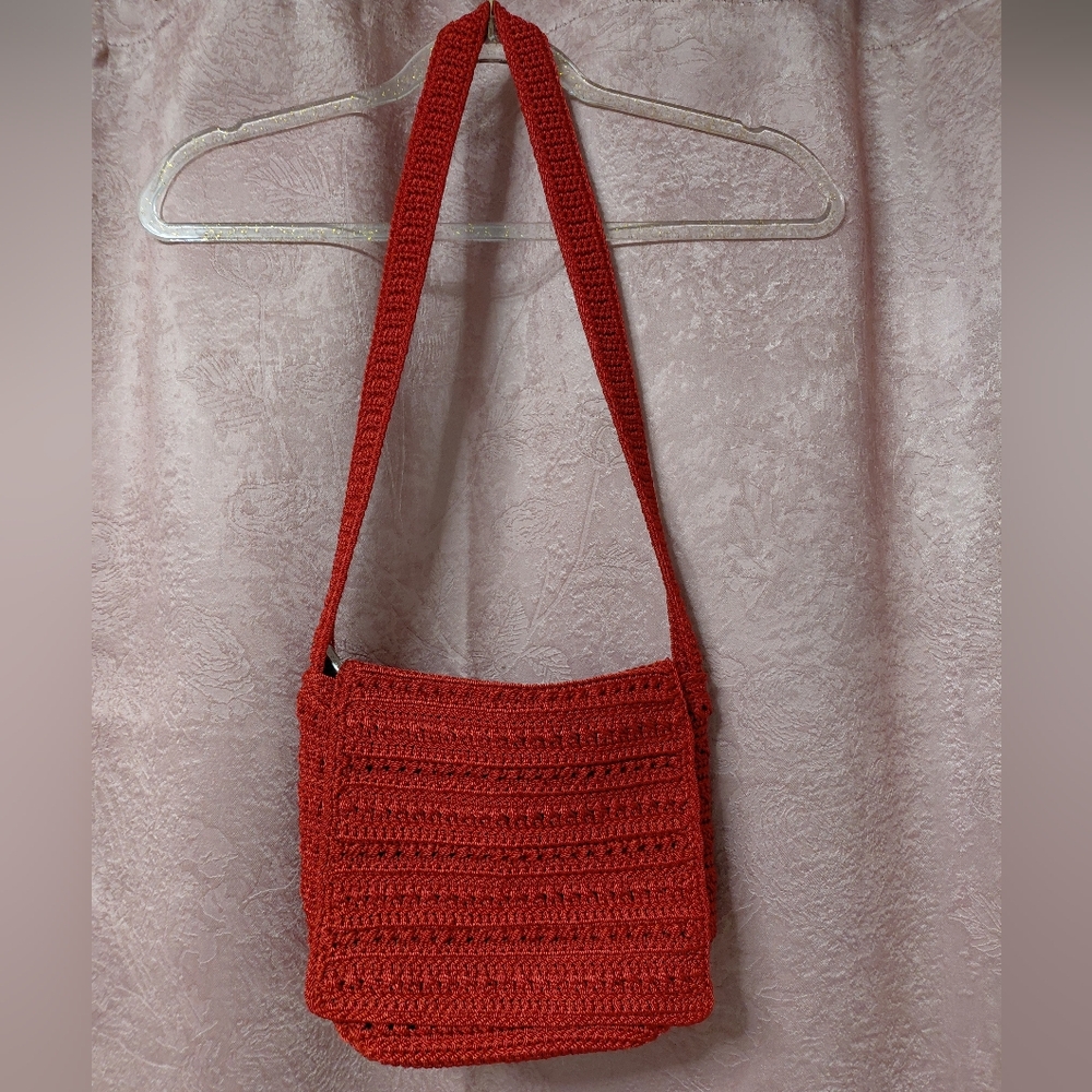 The Sak Burgundy Crochet Small Purse Bag W/ Front Flap Supported Bottom